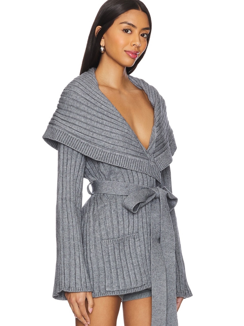 Ribbed Shawl-Collar Tie-Waist Cardigan in Grey - Picture 2 of 4